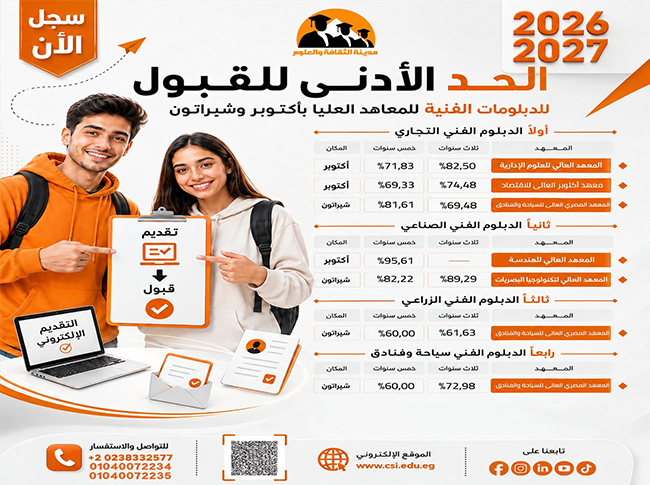 تعرف على تنسيق القبول بمعاهد مدينة الثقافة والعلوم لعام 2026